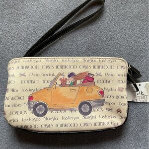 Cute STRADA Clutch Purse Wallet Carrying Strap Girl & Dog in Car Traveling
